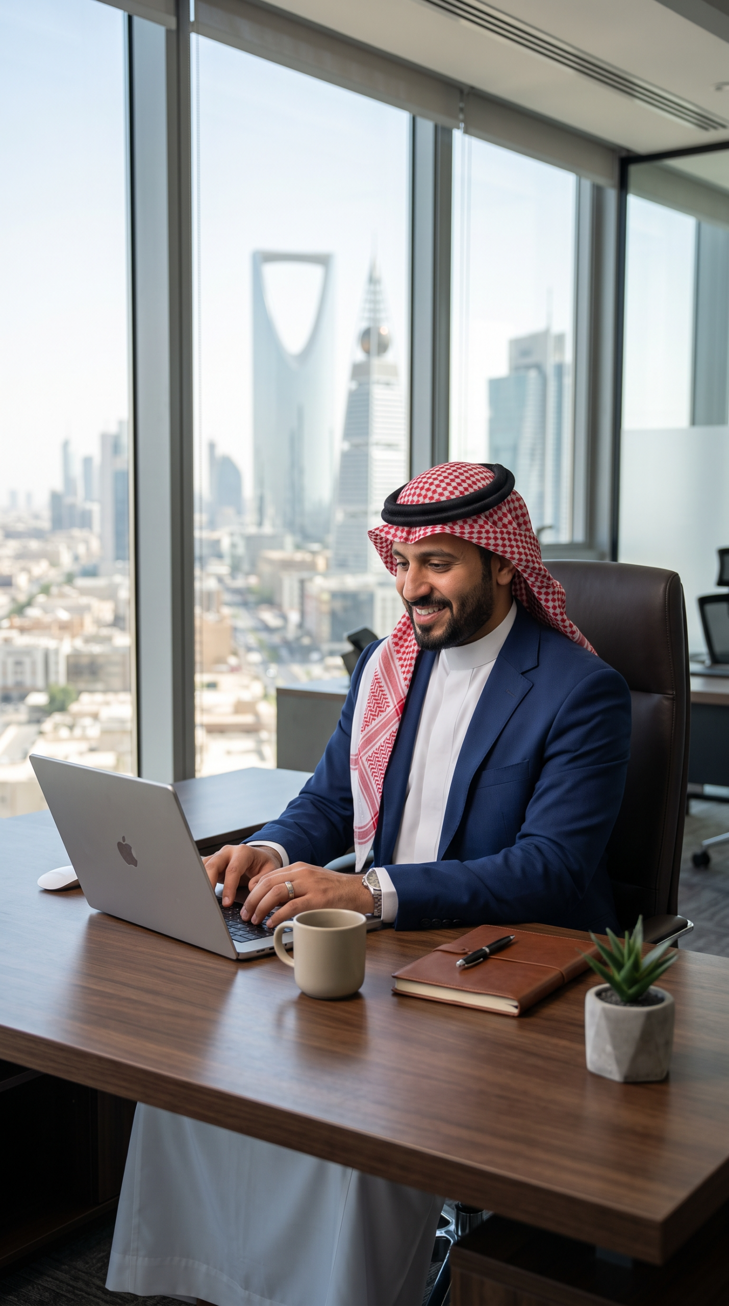 مستشار خدمات إلكترونية معتمد في مكتبه بالرياض يتابع معاملات العملاء